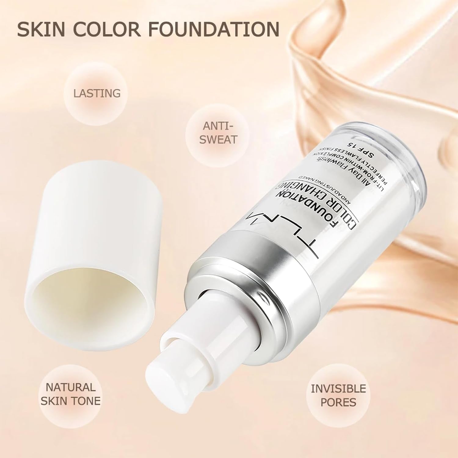 30Ml TLM Color Changing Foundation Liquid Base,Flawless Makeup Base Moisturizing Liquid Foundation,Makeup Base Nude Face Liquid Cover Concealer, Sunscreen, Non-Greasy, Non-Marking, Long Lasting(2 PCS)