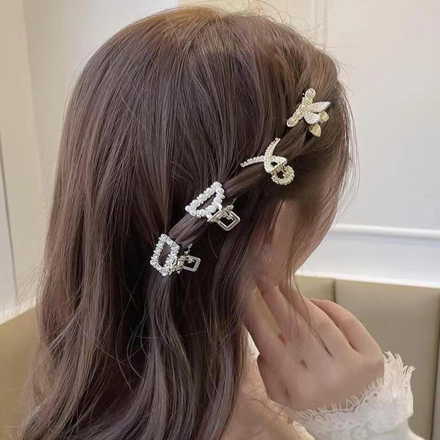 Pearl and Rhinestone Hair Accessories: Bow Clips, Butterfly Clips, Small Gold Metal Clips for Women and Girls (2 Pearl + 2 Rhinestone)