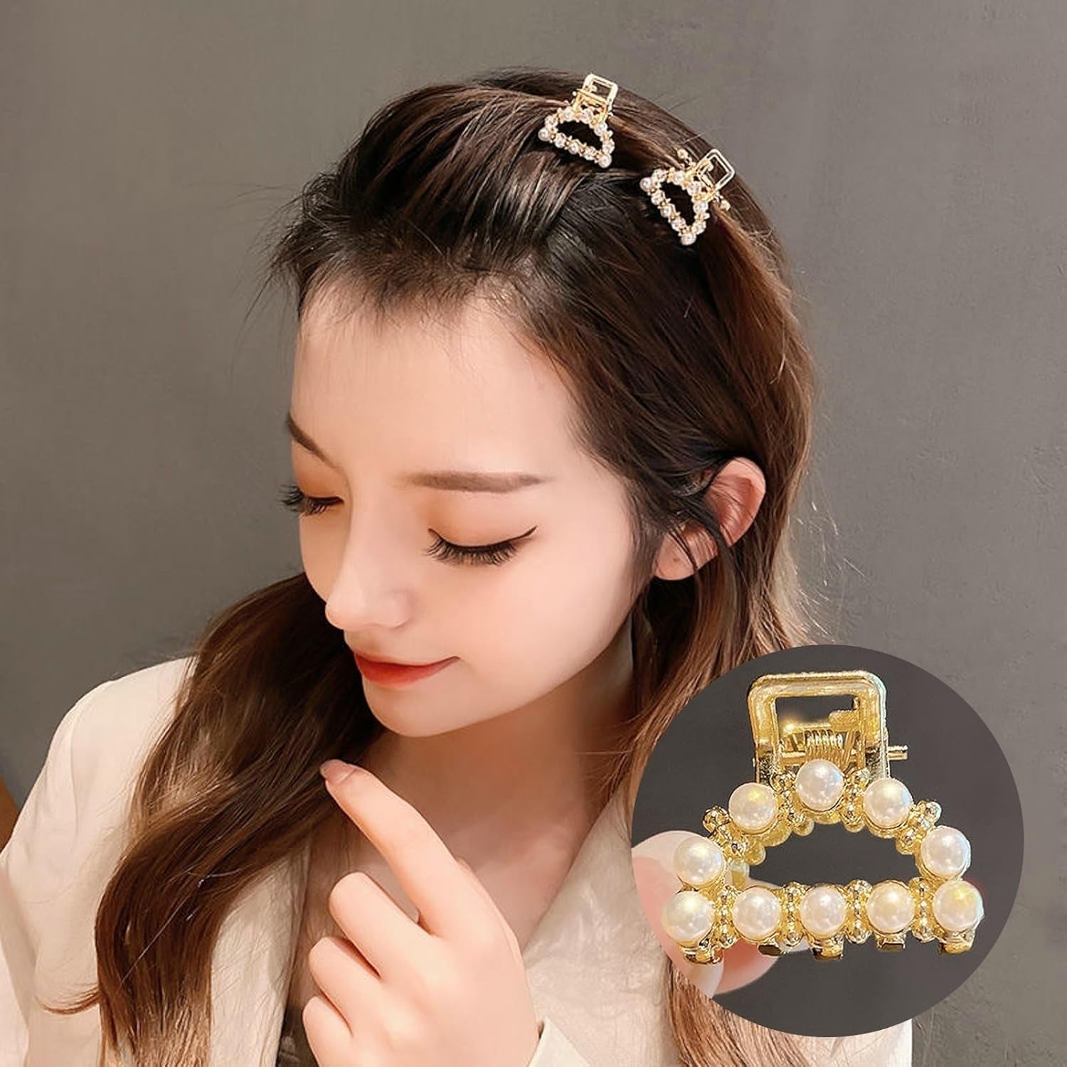 Pearl and Rhinestone Hair Accessories: Bow Clips, Butterfly Clips, Small Gold Metal Clips for Women and Girls (2 Pearl + 2 Rhinestone)