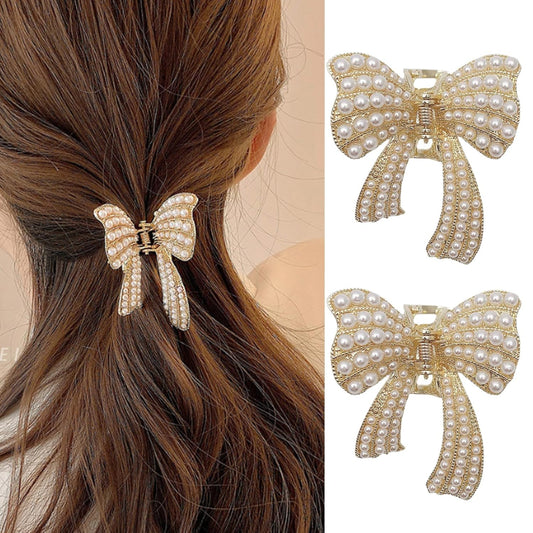 Pearl Bow Claw Clip, 2 Pack Gold Metal Hair Clips with Stylish Bow Detail and Butterfly Design, Hair Clips for Styling Thin Hair, Daily Party Gift for Women