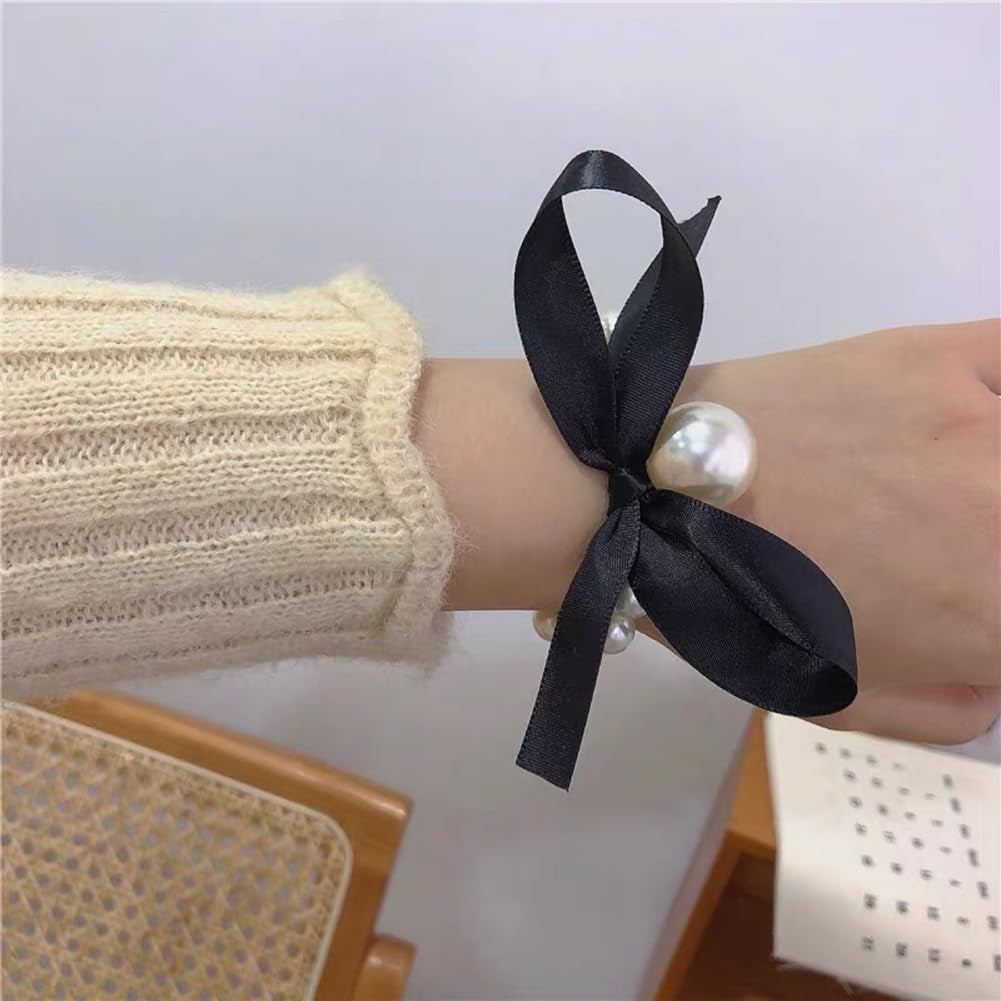 5 Pcs Black Ribbon Bow Hair Ties Faux Pearl Ponytail Holder Elastic Bowknot Hair Bands Elegant Hair Ropes for Women Girls