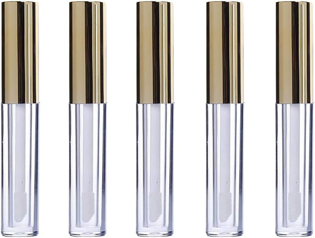 5 Pcs 10Ml Empty Refillable Clear Lip Gloss Tubes Containers with Wand Lip Balm Bottle Container Golden