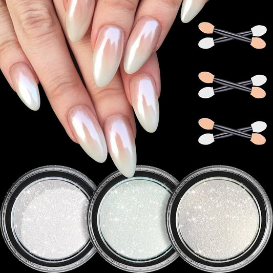 White Pearl Chrome Nail Powder, 3 Colors Clear Aurora Glass Ice Transparent Chrome Powder for Nails, Glazed Donut Pearlescent Magic White Chrome Powder Mirror Effect Pigment Glitter Dust for Nail Art