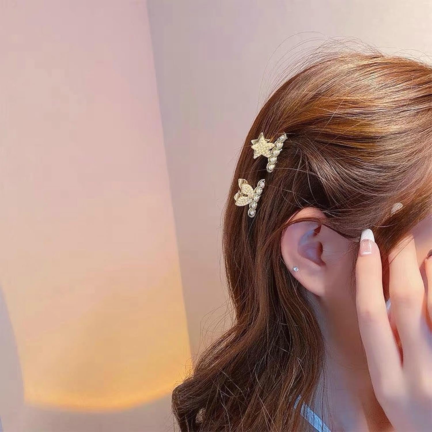 Pearl and Rhinestone Hair Accessories: Bow Clips, Butterfly Clips, Small Gold Metal Clips for Women and Girls (2 Pearl + 2 Rhinestone)