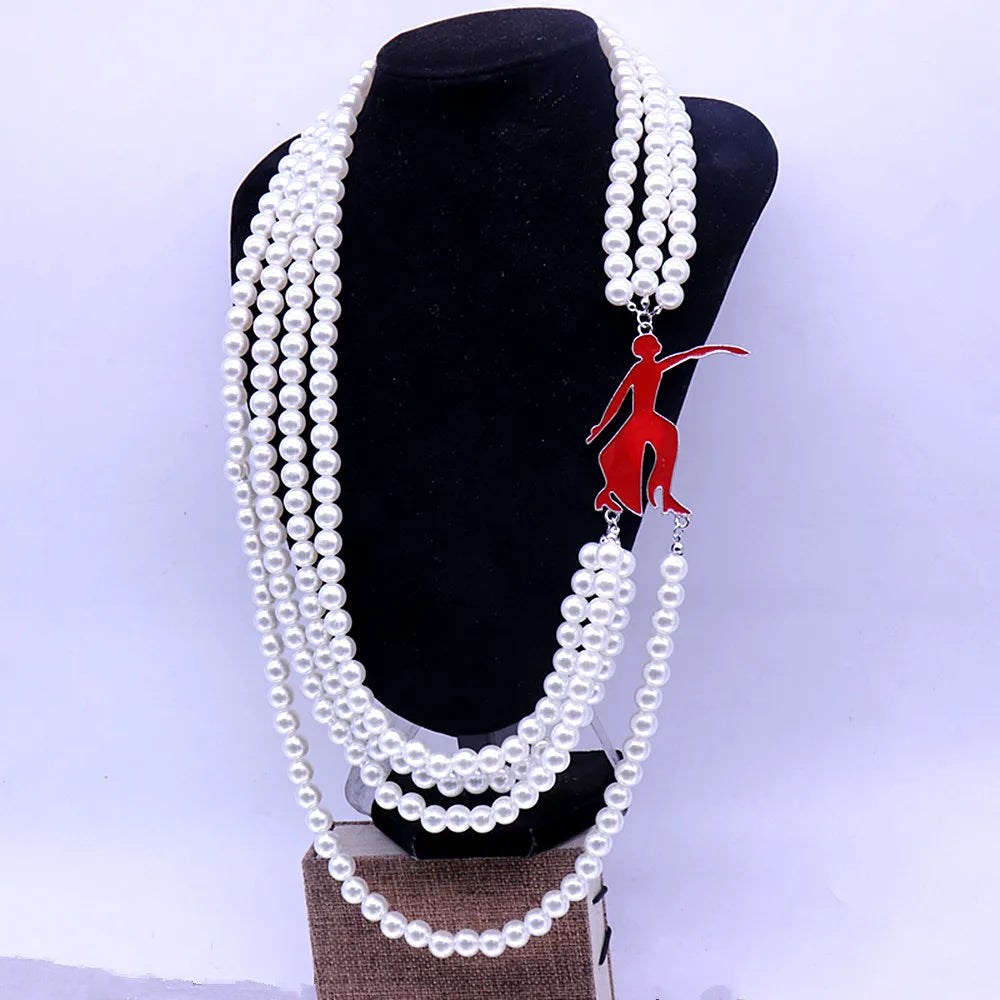 New Quality Handmade Four Layers Imitation Pearl Choker Statement Greek Letters College SOROR Delta Red Fortitude Lady Necklaces