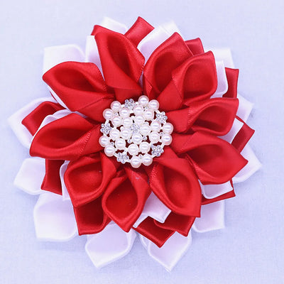 One Pcs Drop Shipping Solid Red White Fabric Satin Flower Corsage Pearl Greek Soror Delta Ribbon Brooches For Women