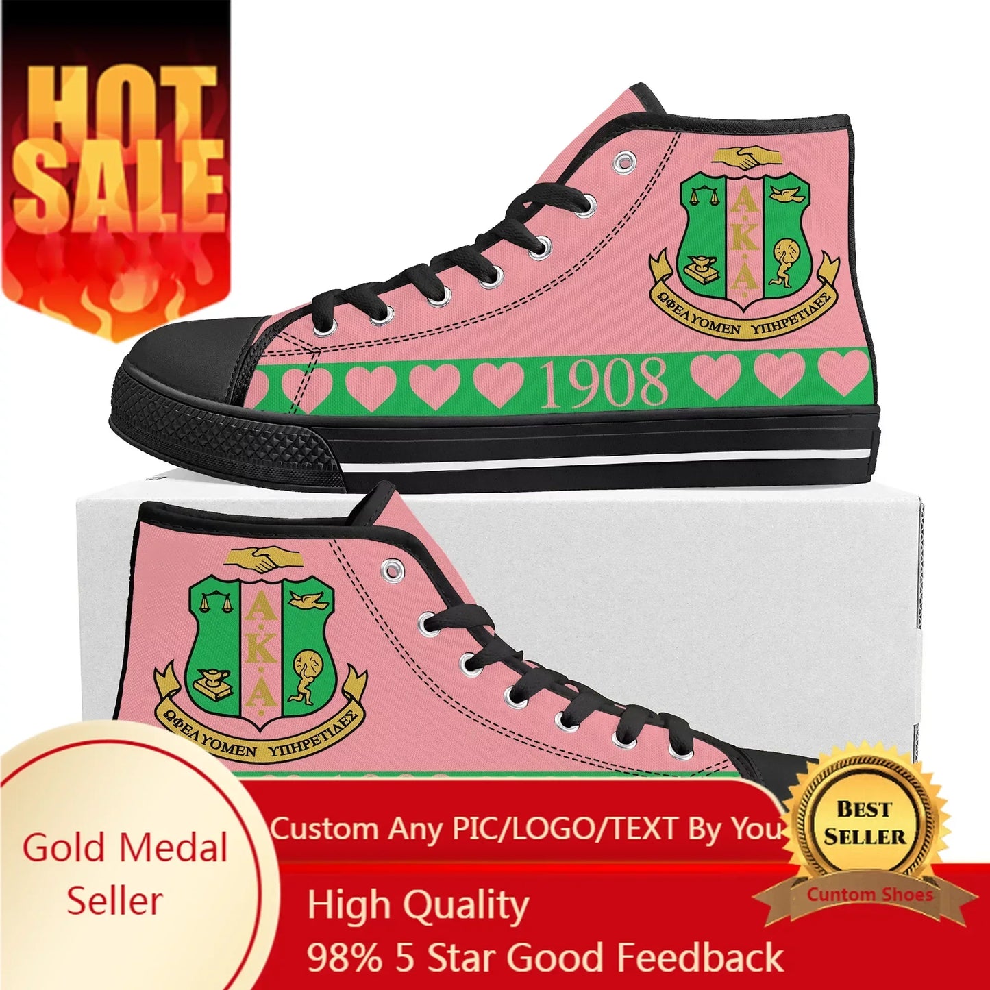 A-Alpha Sorority A-AKA 1908 High Top Sneakers K-Kappa A-Alpha Men Women Teenager Canvas High Quality Sneaker Shoe Customize Shoe