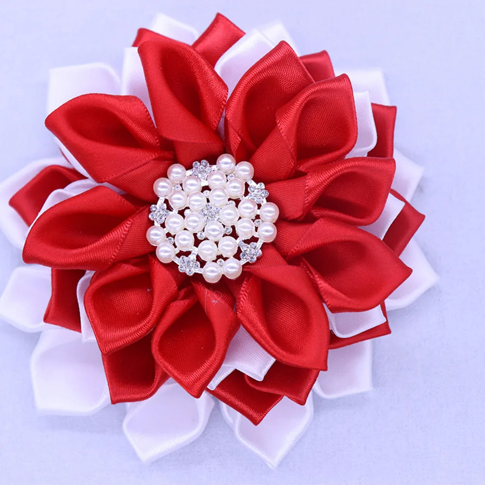 One Pcs Drop Shipping Solid Red White Fabric Satin Flower Corsage Pearl Greek Soror Delta Ribbon Brooches For Women