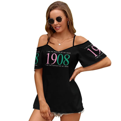 Invictus 1908 Women'S T-Shirt Summer Fashion Print Floral V-Neck Zipper Tshirt Hollow Pullover Ladies Top Aka 1908 Nphc Greek