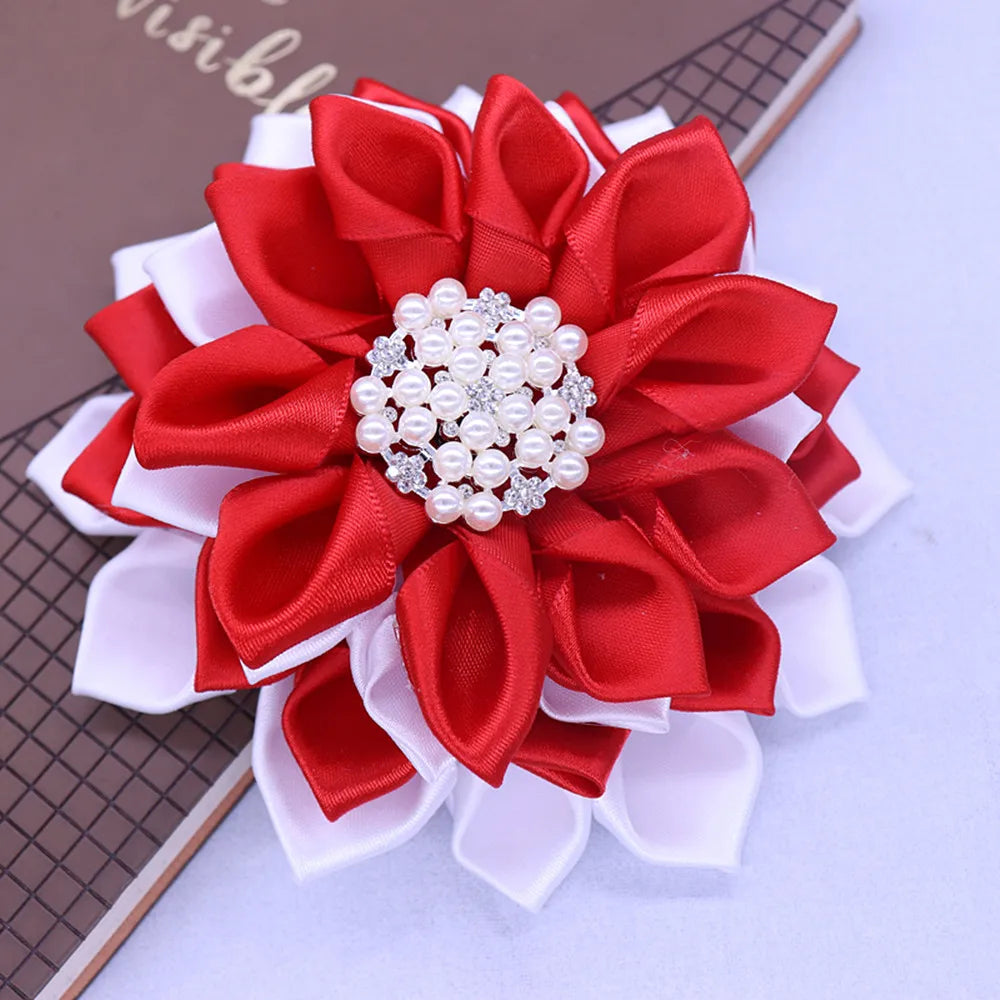 One Pcs Drop Shipping Solid Red White Fabric Satin Flower Corsage Pearl Greek Soror Delta Ribbon Brooches For Women