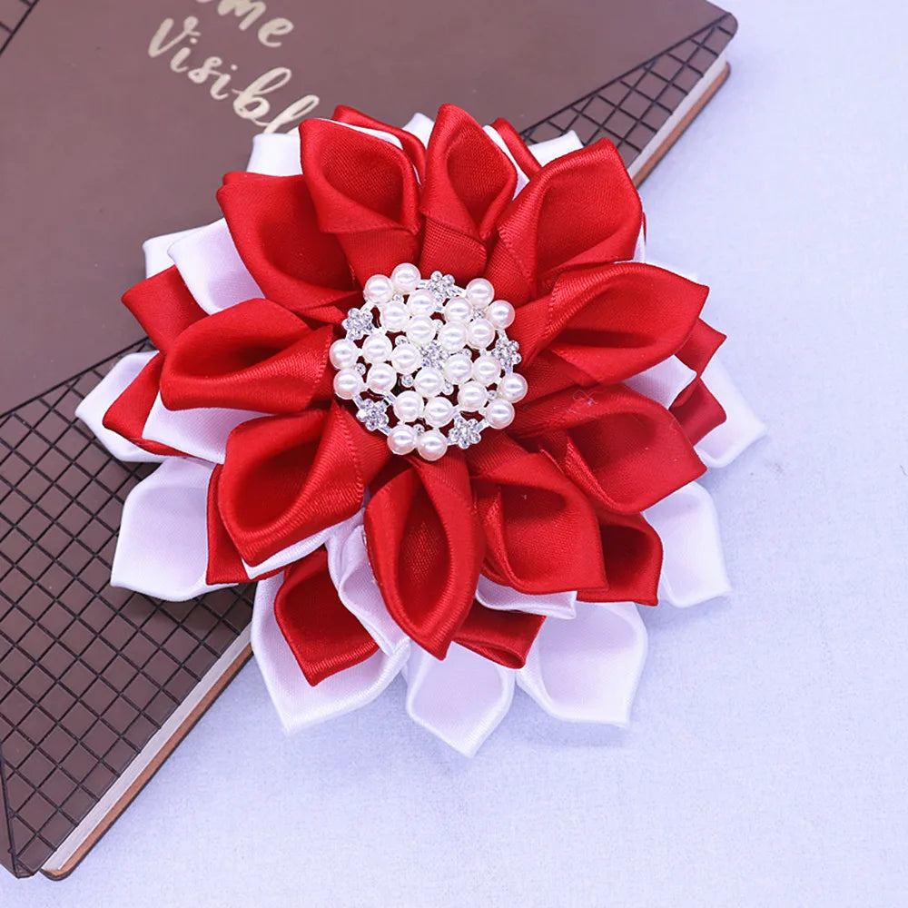 One Pcs Drop Shipping Solid Red White Fabric Satin Flower Corsage Pearl Greek Soror Delta Ribbon Brooches For Women