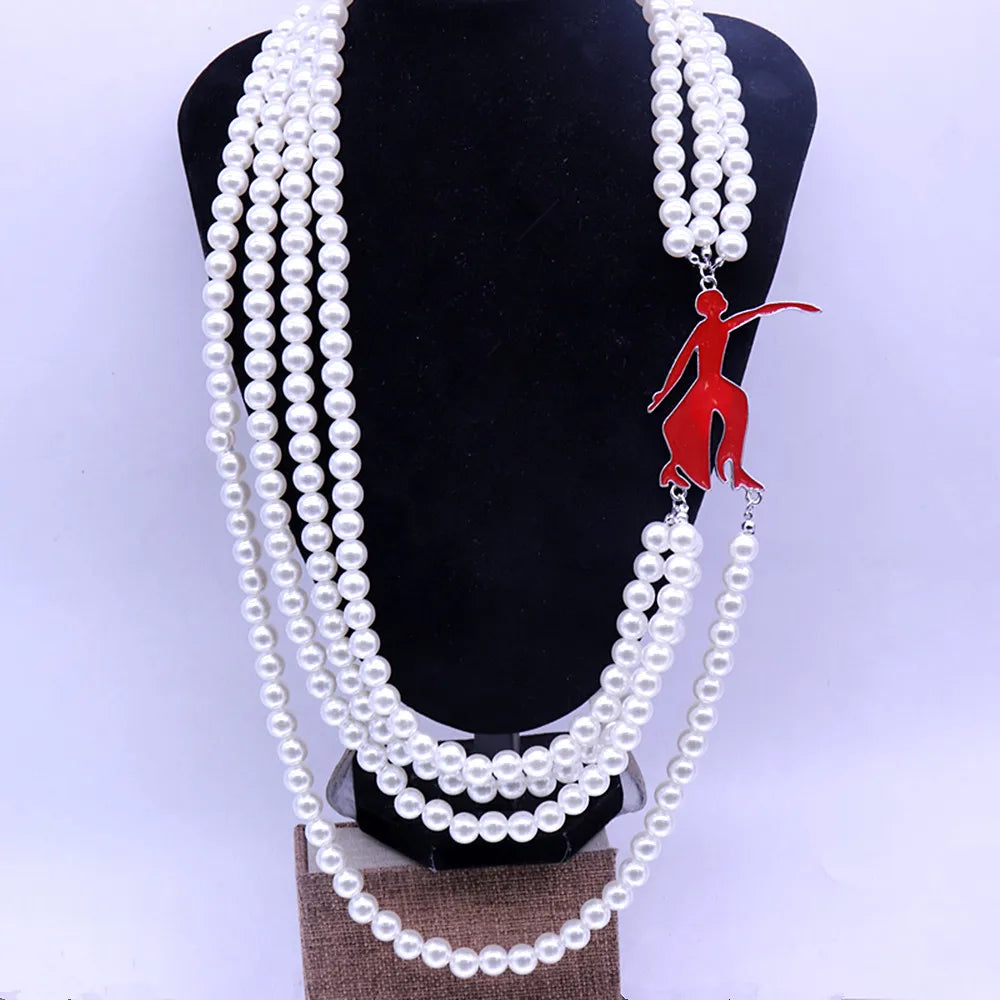 New Quality Handmade Four Layers Imitation Pearl Choker Statement Greek Letters College SOROR Delta Red Fortitude Lady Necklaces