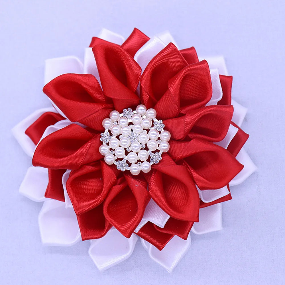 One Pcs Drop Shipping Solid Red White Fabric Satin Flower Corsage Pearl Greek Soror Delta Ribbon Brooches For Women