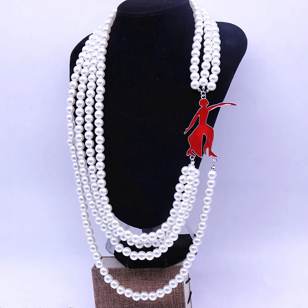 New Quality Handmade Four Layers Imitation Pearl Choker Statement Greek Letters College SOROR Delta Red Fortitude Lady Necklaces