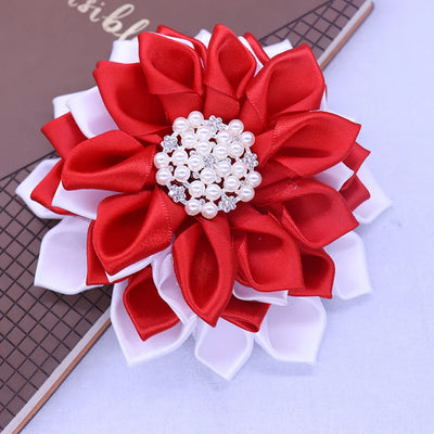 One Pcs Drop Shipping Solid Red White Fabric Satin Flower Corsage Pearl Greek Soror Delta Ribbon Brooches For Women