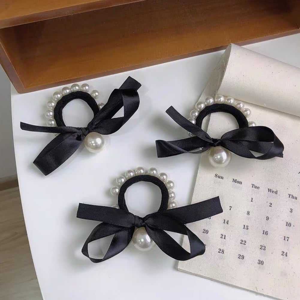 5 Pcs Black Ribbon Bow Hair Ties Faux Pearl Ponytail Holder Elastic Bowknot Hair Bands Elegant Hair Ropes for Women Girls