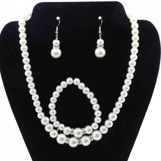 Bouanq Pearl Necklace and Earring Set Simulated Shell Pearls round White Silver Pearl Stud Earrings Bracelets Wedding Jewelry Sets for Bride Bridesmaid Women Necklaces for Women