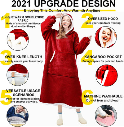 Wearable Blanket Hoodie, Oversized Sweatshirt with Sleeves and Folding Giant Pocket, Warm and Cozy Big Sherpa Hoodie for Adult (Red, One Size)