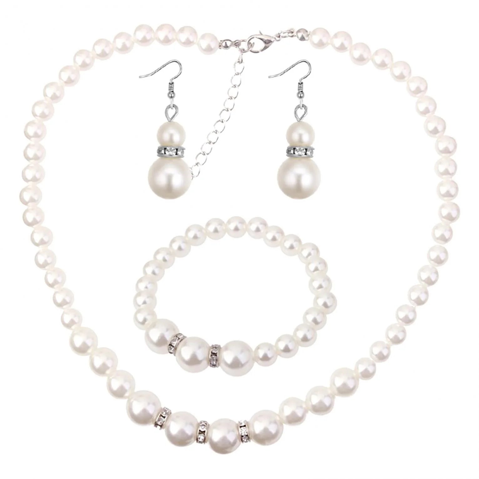 Bouanq Pearl Necklace and Earring Set Simulated Shell Pearls round White Silver Pearl Stud Earrings Bracelets Wedding Jewelry Sets for Bride Bridesmaid Women Necklaces for Women