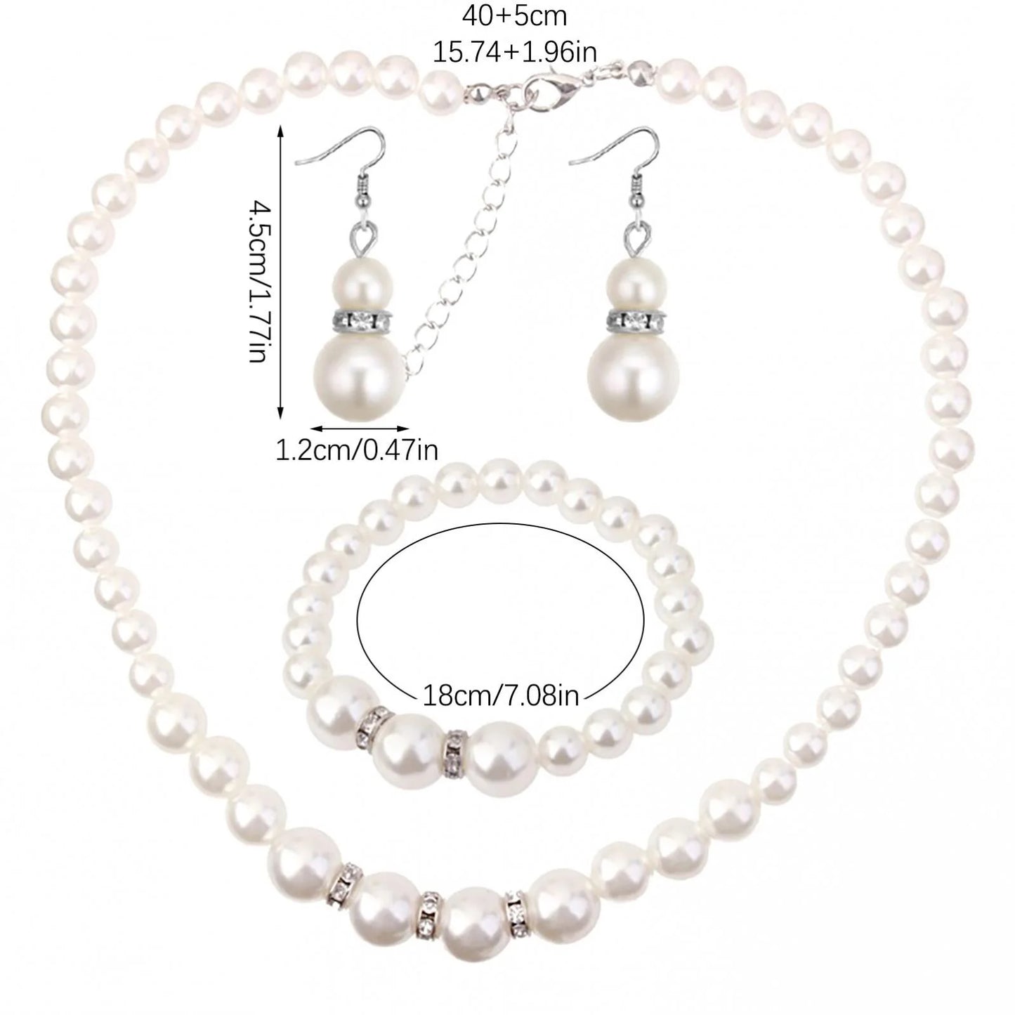 Bouanq Pearl Necklace and Earring Set Simulated Shell Pearls round White Silver Pearl Stud Earrings Bracelets Wedding Jewelry Sets for Bride Bridesmaid Women Necklaces for Women