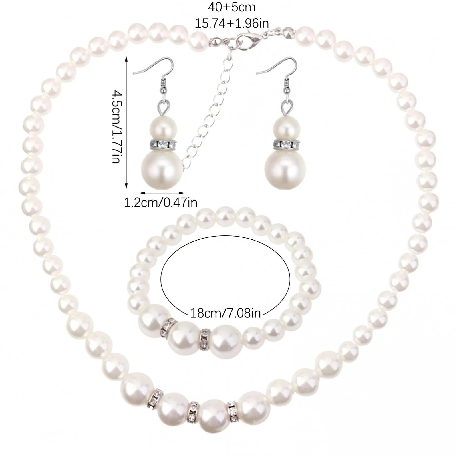 Bouanq Pearl Necklace and Earring Set Simulated Shell Pearls round White Silver Pearl Stud Earrings Bracelets Wedding Jewelry Sets for Bride Bridesmaid Women Necklaces for Women