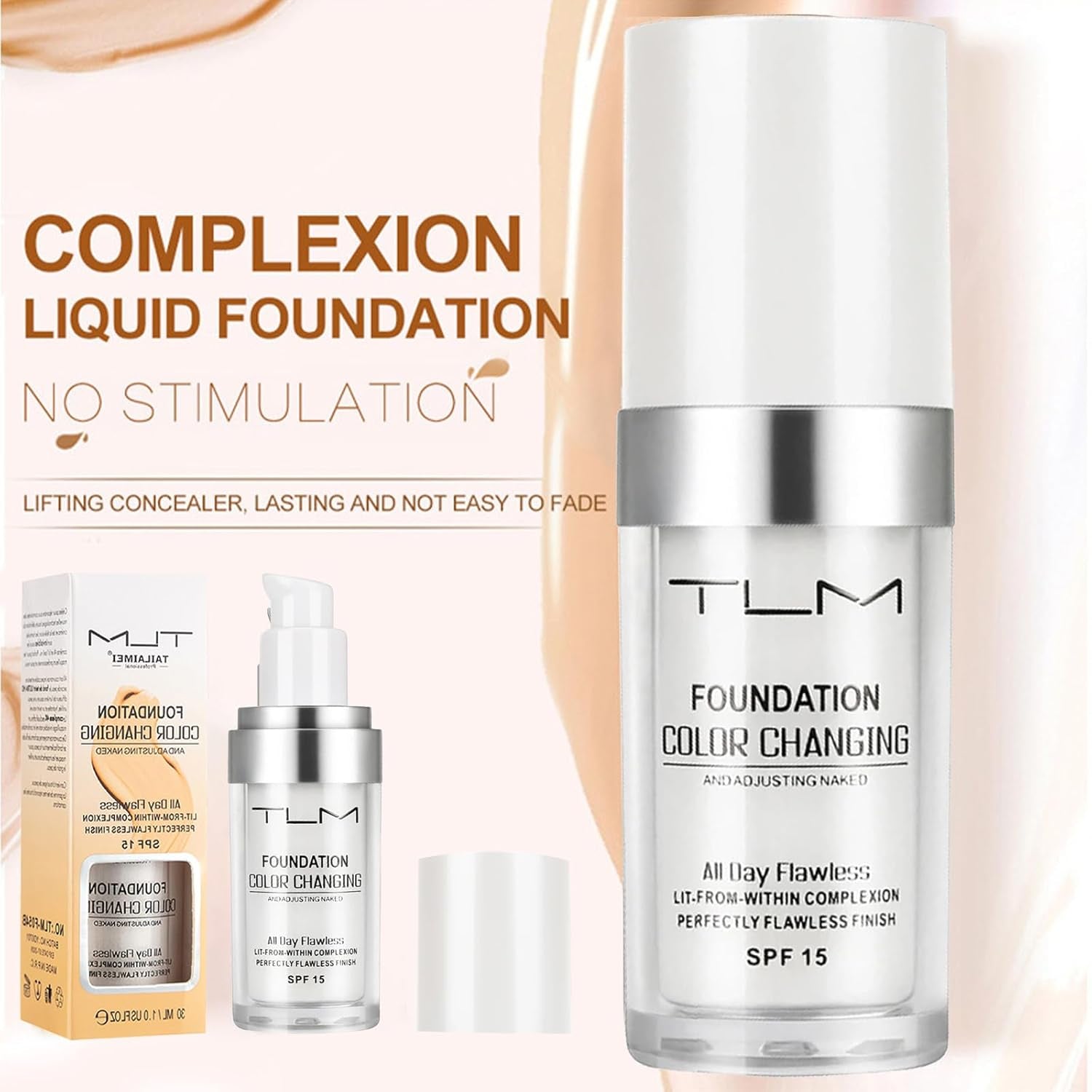 30Ml TLM Color Changing Foundation Liquid Base,Flawless Makeup Base Moisturizing Liquid Foundation,Makeup Base Nude Face Liquid Cover Concealer, Sunscreen, Non-Greasy, Non-Marking, Long Lasting(2 PCS)