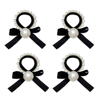 5 Pcs Black Ribbon Bow Hair Ties Faux Pearl Ponytail Holder Elastic Bowknot Hair Bands Elegant Hair Ropes for Women Girls